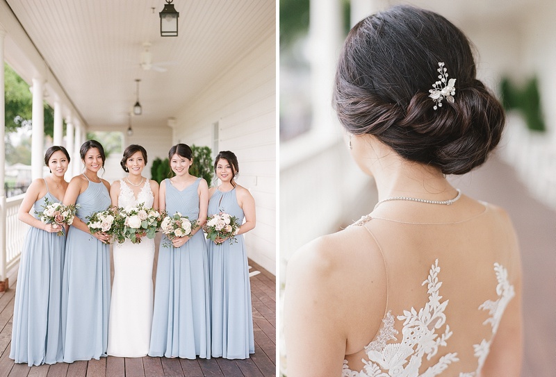 Dusty Blue bridesmaids dresses and Pronovias gown