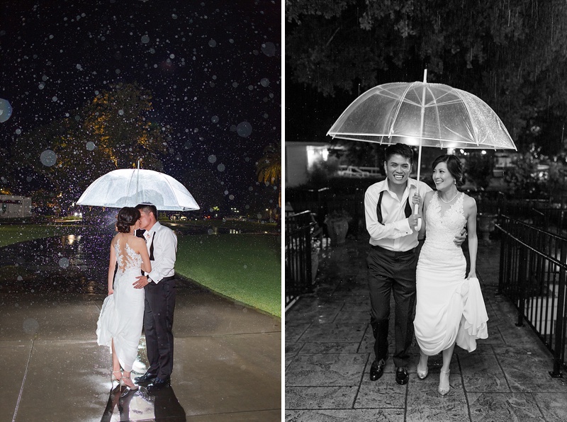 Rainy wedding day portrait with off camera flash and umbrella