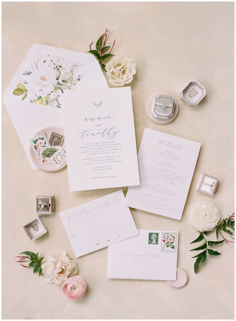 Letterpress wedding invitation suite with floral envelope liner by Aerialist Press for Silverado Wedding || The Ganeys