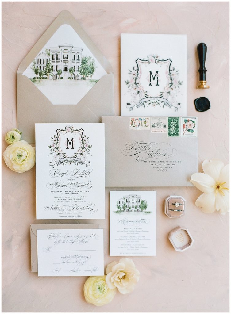 Emily Mayne Wedding Invitation with custom wedding crest and watercolor envelope liner of venue || The Ganeys