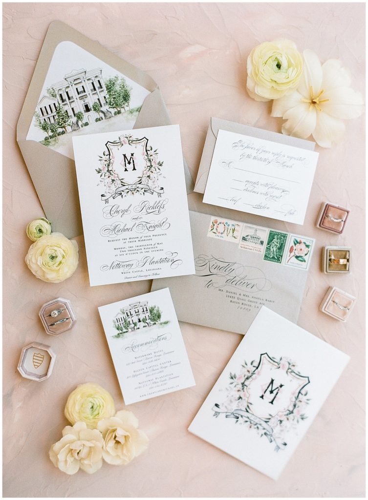 Emily Mayne Wedding Invitation with custom wedding crest and watercolor envelope liner of venue || The Ganeys