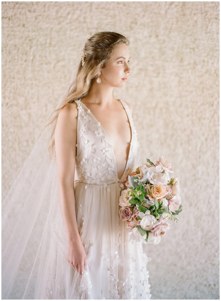 Alexandra Grecco Gown with lace details for wedding at Kestrel Park with Kaleb Norman James bouquet and Jen Lagers Hair and Makeup || The Ganeys