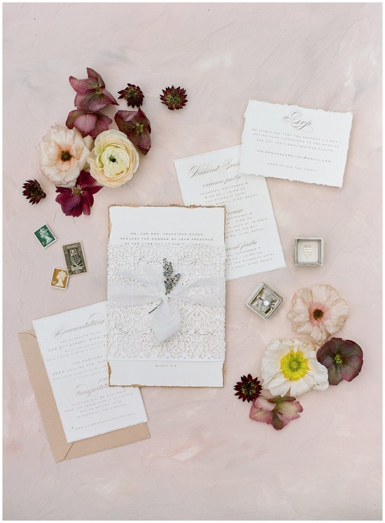 Luxury wedding invitation with torn edges for Vizcaya wedding by Emily Baird Design || The Ganeys