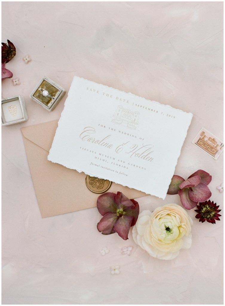 Luxury wedding save the date with torn edges for Vizcaya wedding by Emily Baird Design || The Ganeys