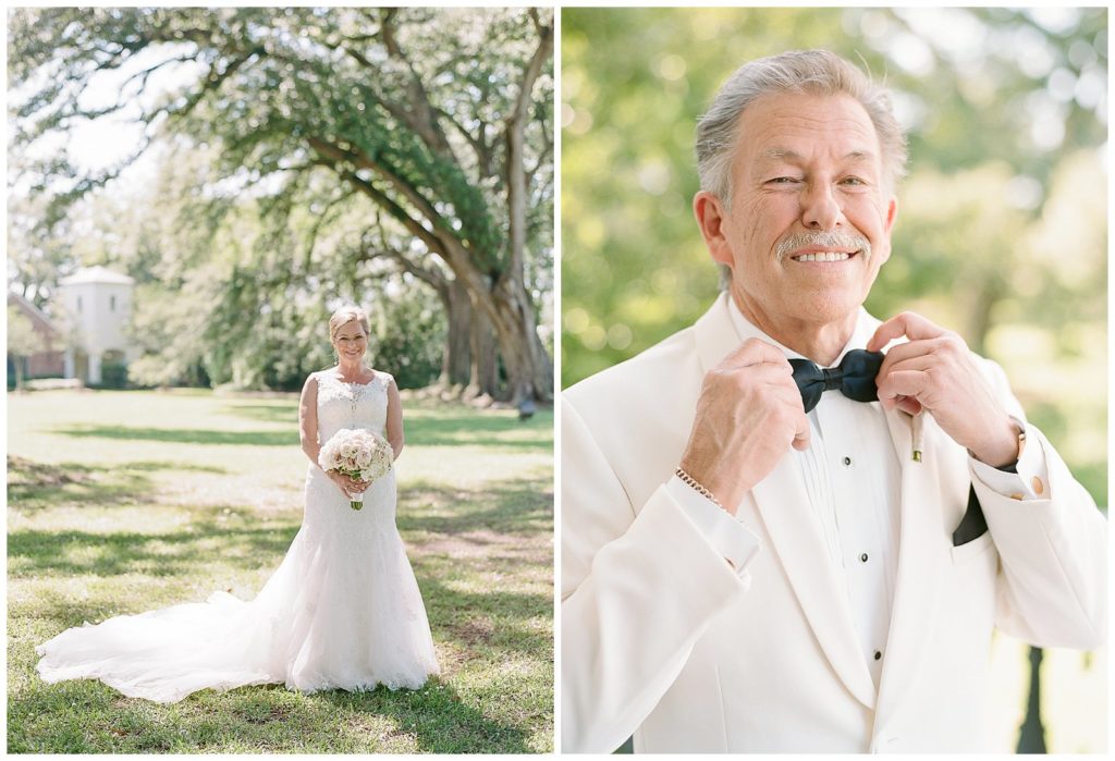 groom in white tux for wedding at Nottoway Plantation