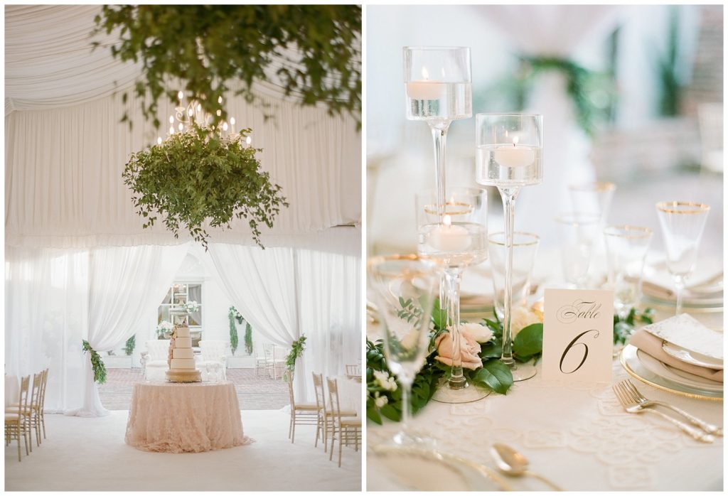 White tent wedding with blush and greenery