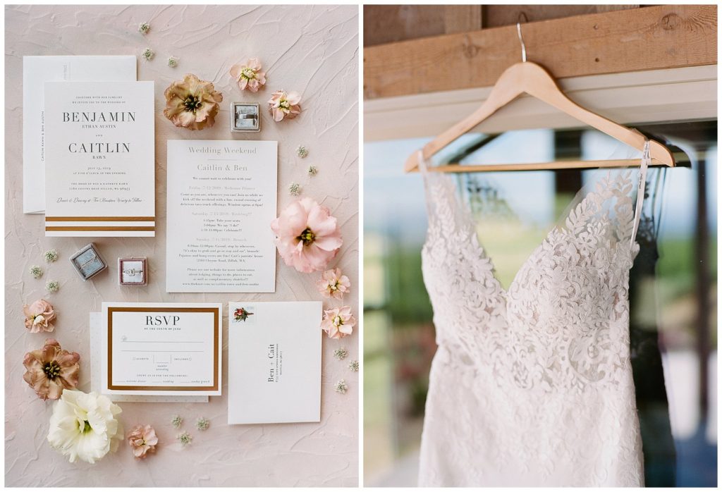 Stella York gown and Minted wedding invitations with white and gold