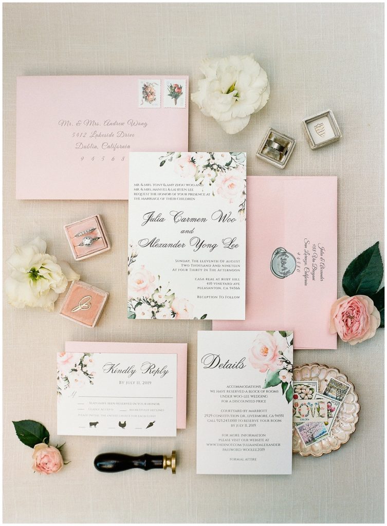 Pink and white wedding invitation suite with florals and The Mrs. Box for a Casa Real wedding || The Ganeys