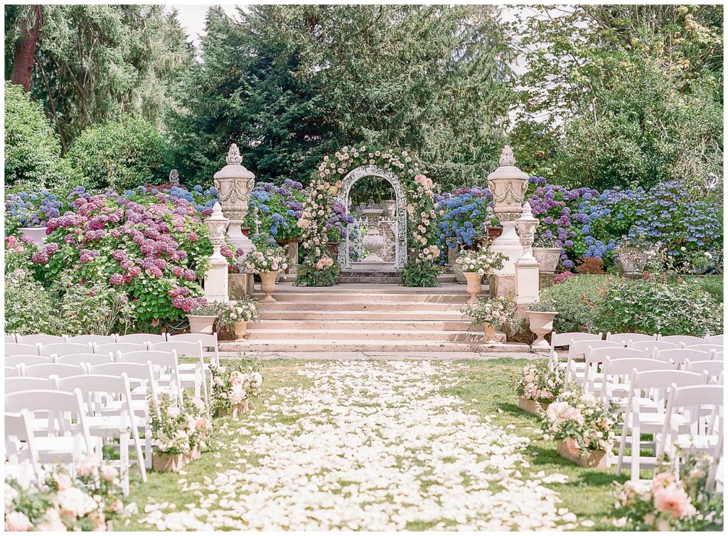 Wedding ceremony at Thornewood Castle gardens