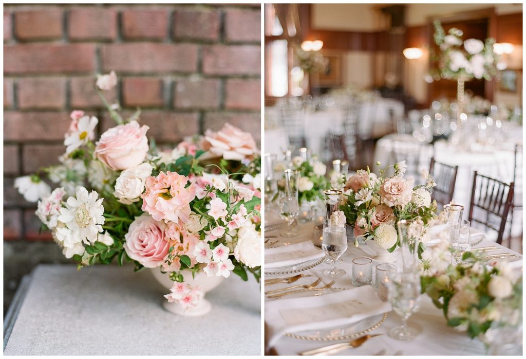 Indoor blush and white wedding reception at Thornewood Castle