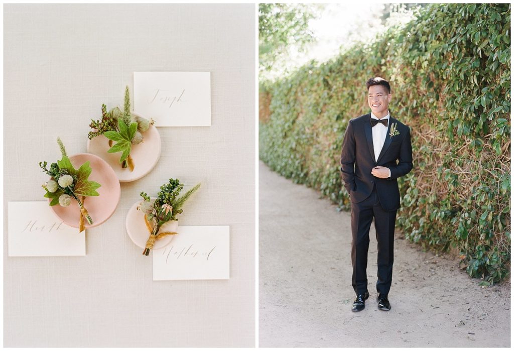 Groom wearing The Black Tux and boutineers by Gather Design Company