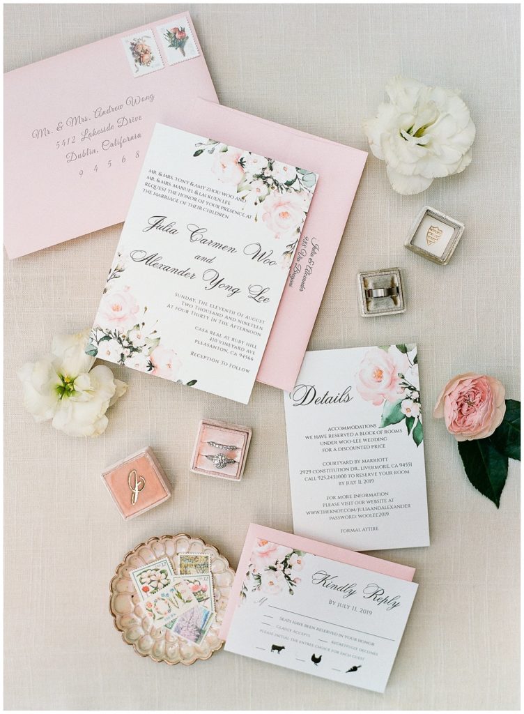 Pink floral wedding invitation with The Mrs. Box for Casa Real Wedding || The Ganeys
