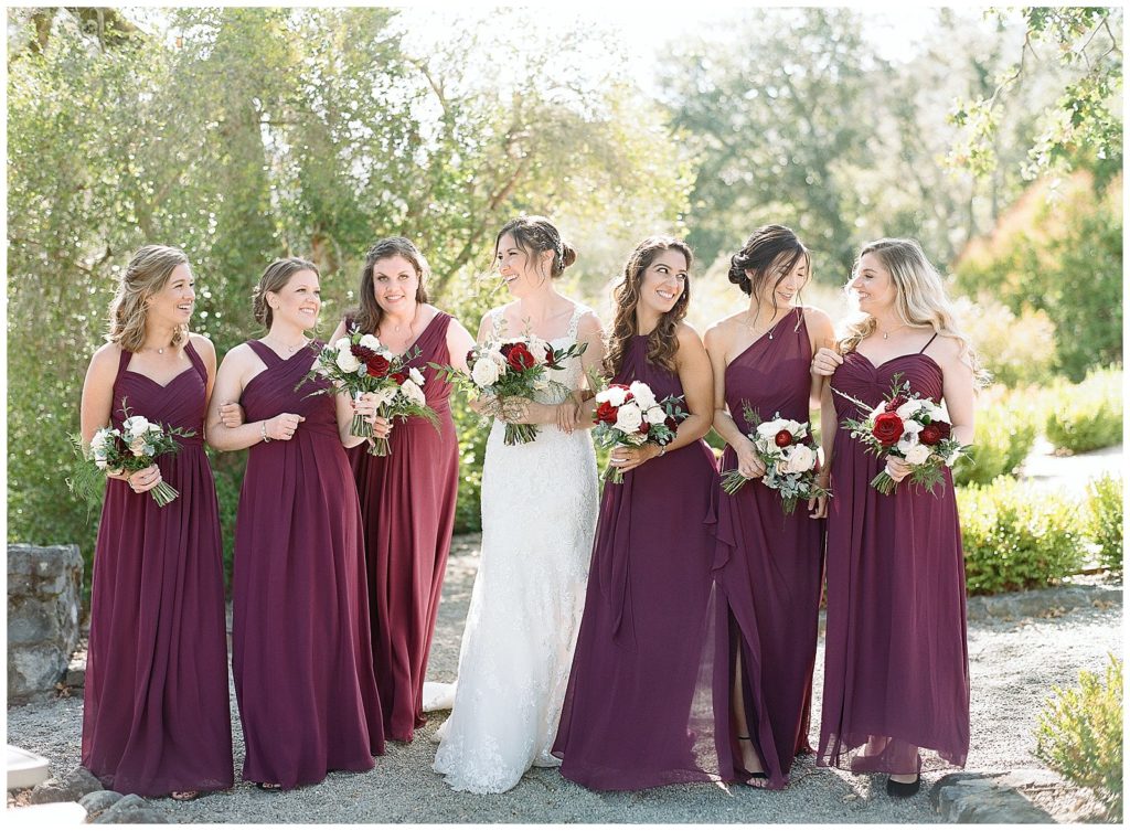 burgundy bridesmaids dresses by Bill Levkoff