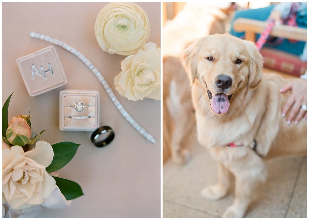 bride getting ready with her golden retriever