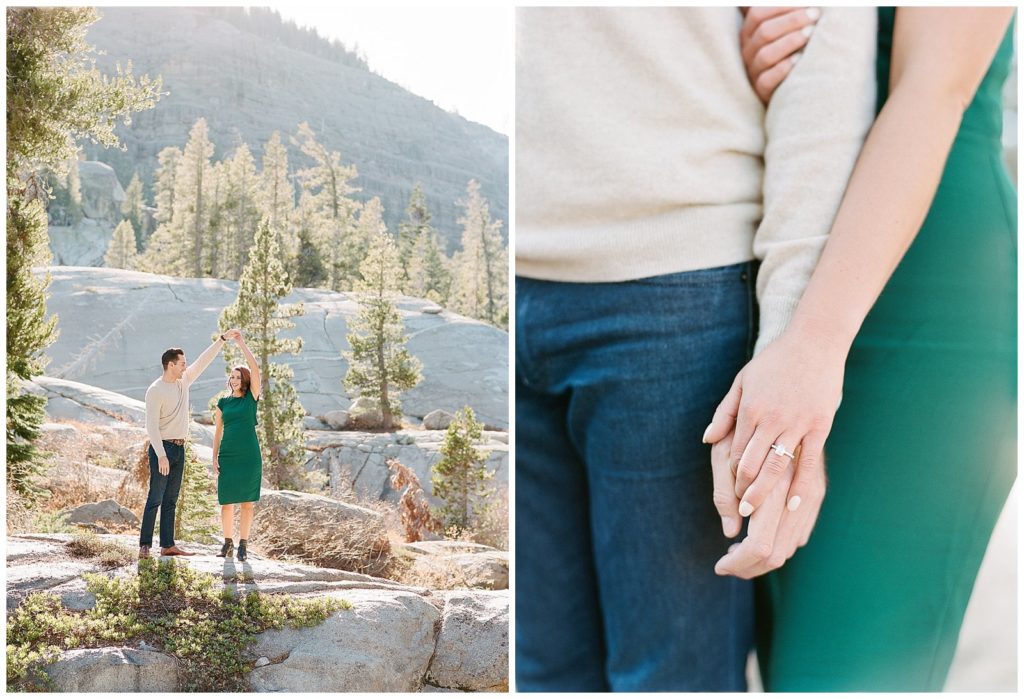 emerald green dress engagement photos in Lake Tahoe