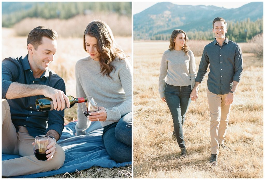 picnic engagement photos in a California field