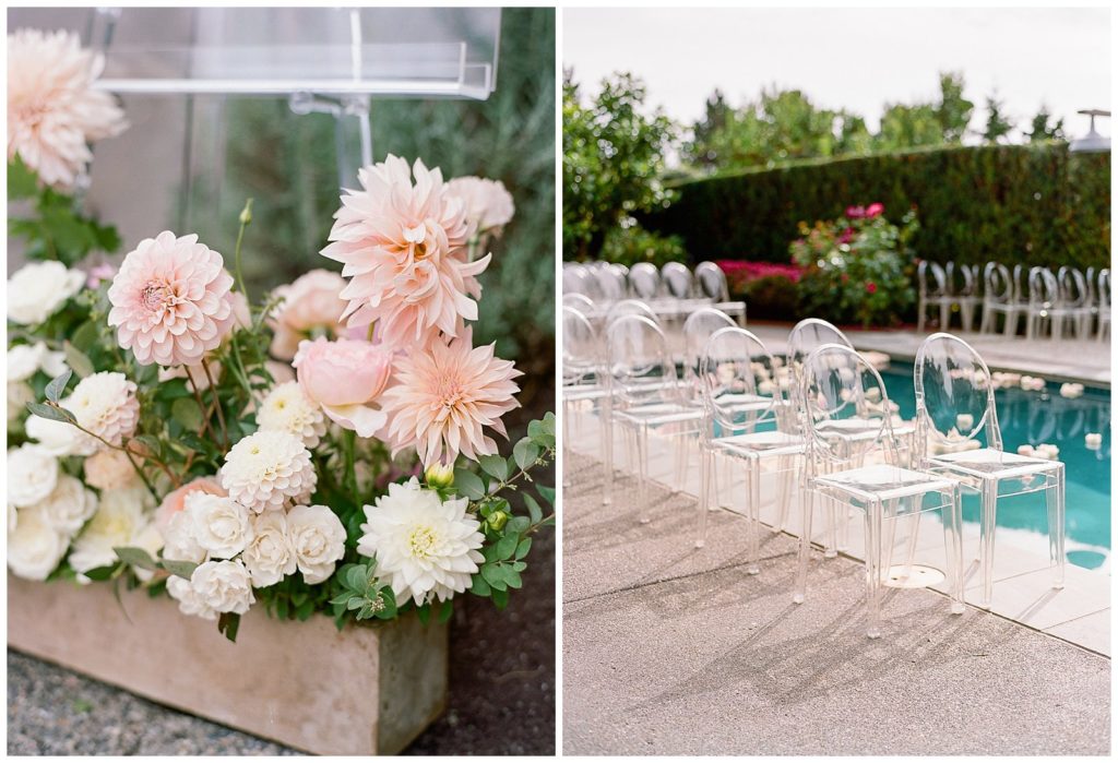 Poolside wedding ceremony with ghost chairs