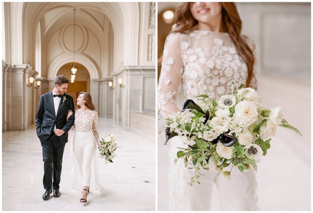 Rime Arodaky Jumpsuit with black and white wedding bouquet by Gather Design Company