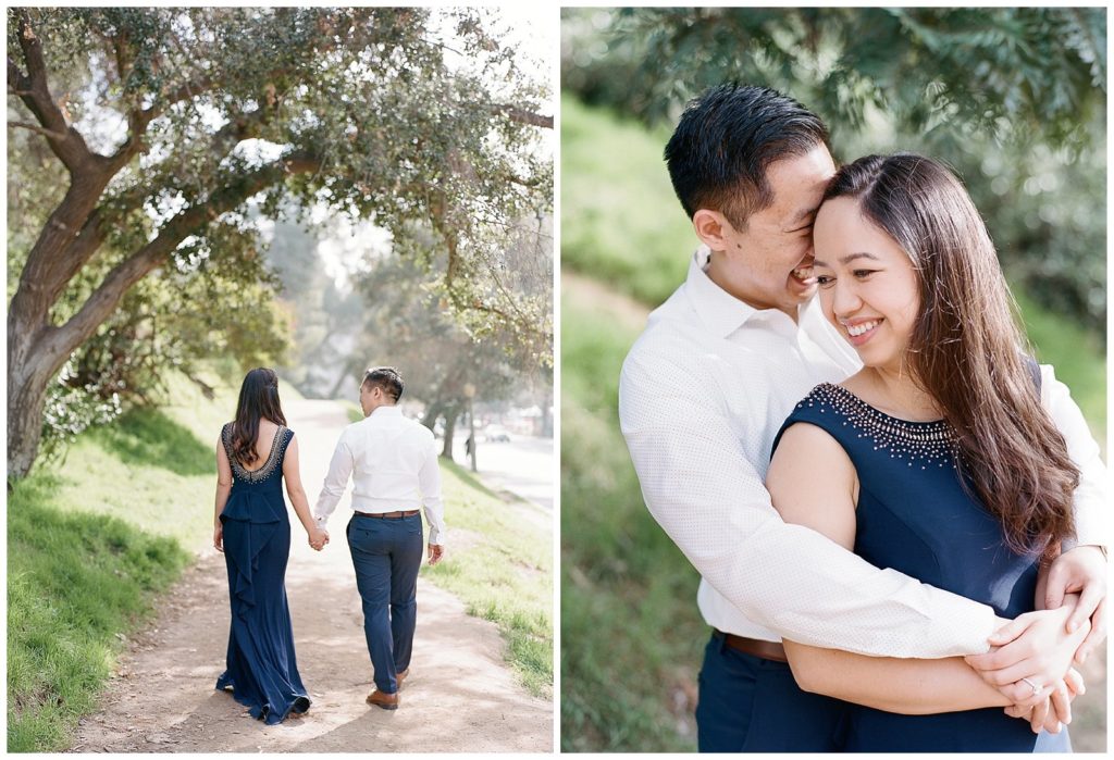 Los Angeles engagement photos in a navy dress