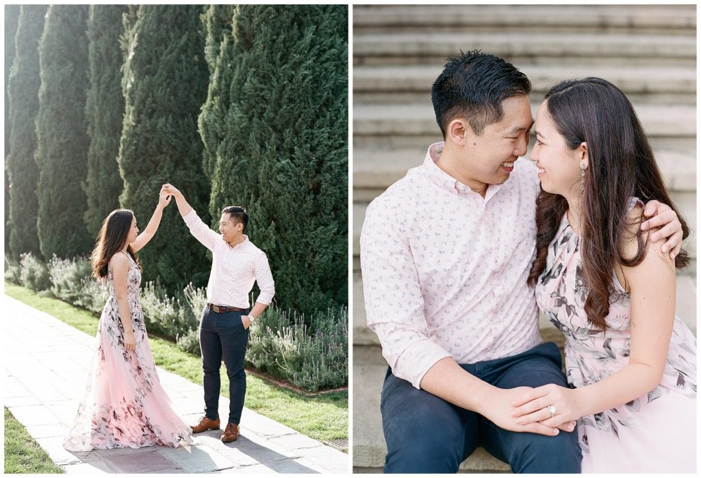 engagement photos with pink floral dress at Greystone Mansion