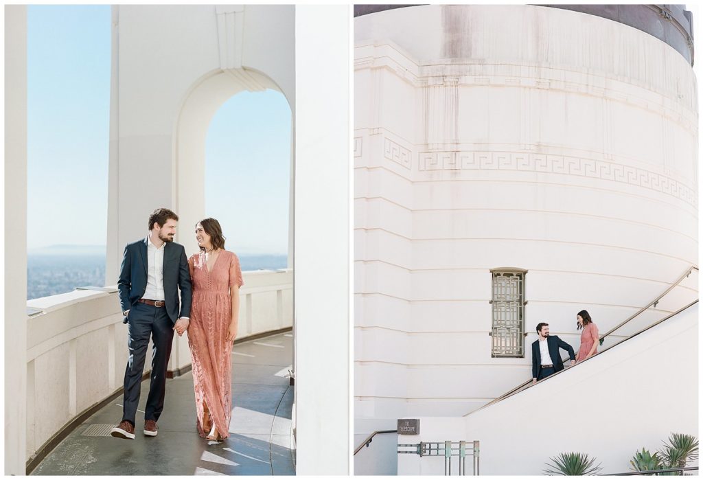 Engagement photos in lace romper at Griffith Observatory