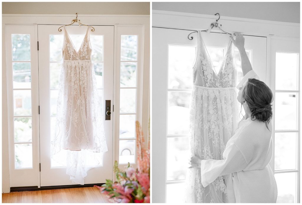 Bride getting ready at home during covid wedding with A&Be Bridal Gown
