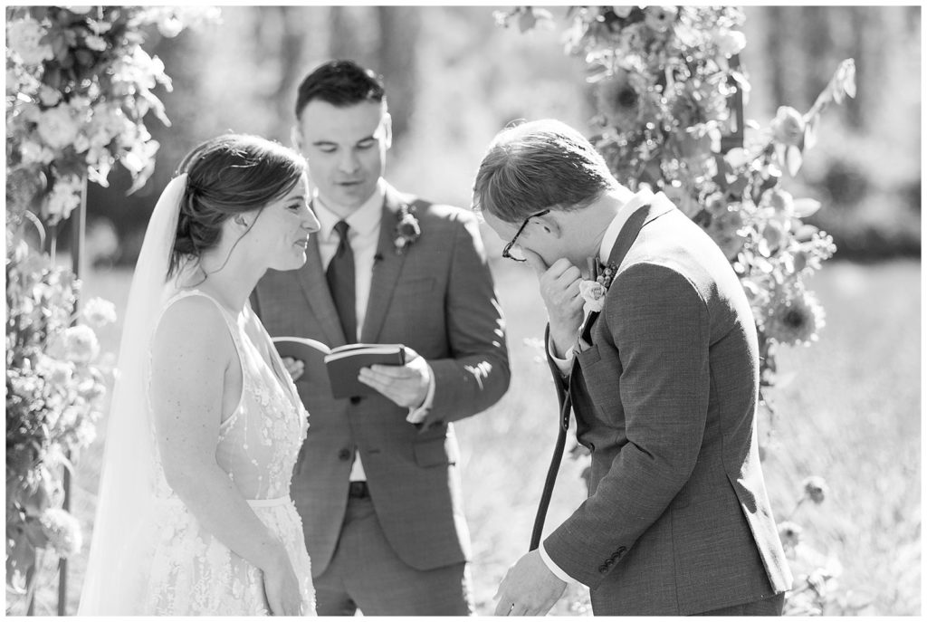 emotional moment for groom during wedding at Woodinville Lavender Farm wedding