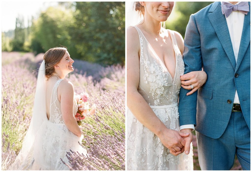 bride with colorful bouquet by Gather Design Company in lavender field