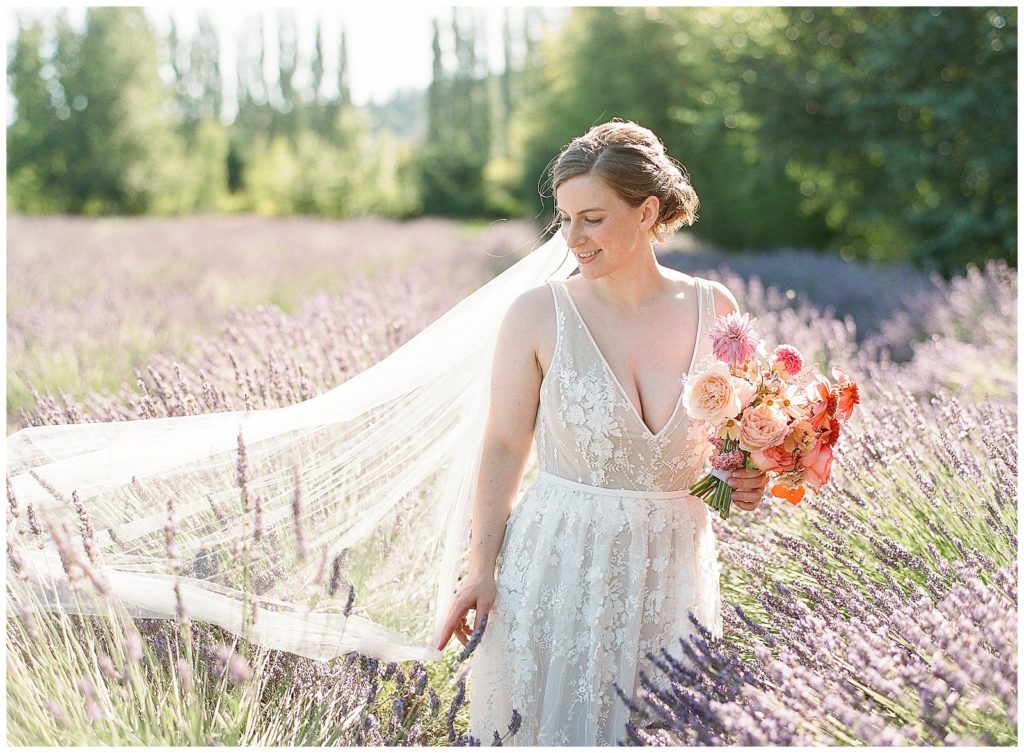 bride in lavender field with A&Be gown Jane Hill