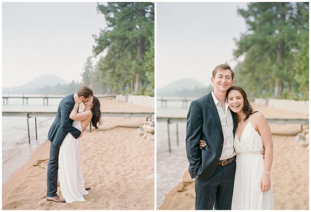 Lake Tahoe engagement photos with white jumpsuit