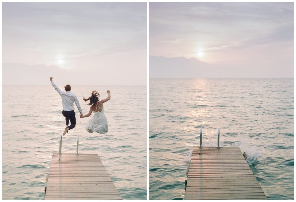 couple jumping off dock into Lake Tahoe Engagement Photos