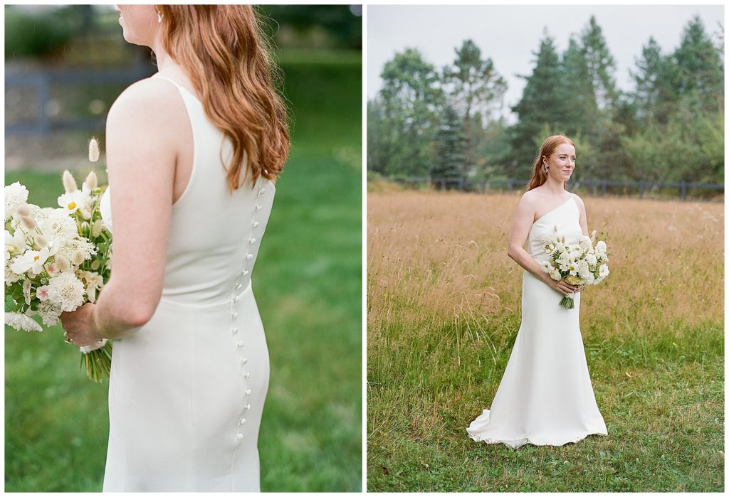 bride wearing sarah seven gown with one strap