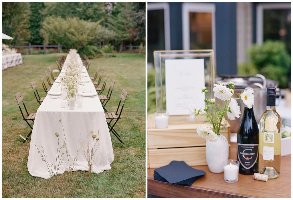 long farm tables with white linens for family style wedding