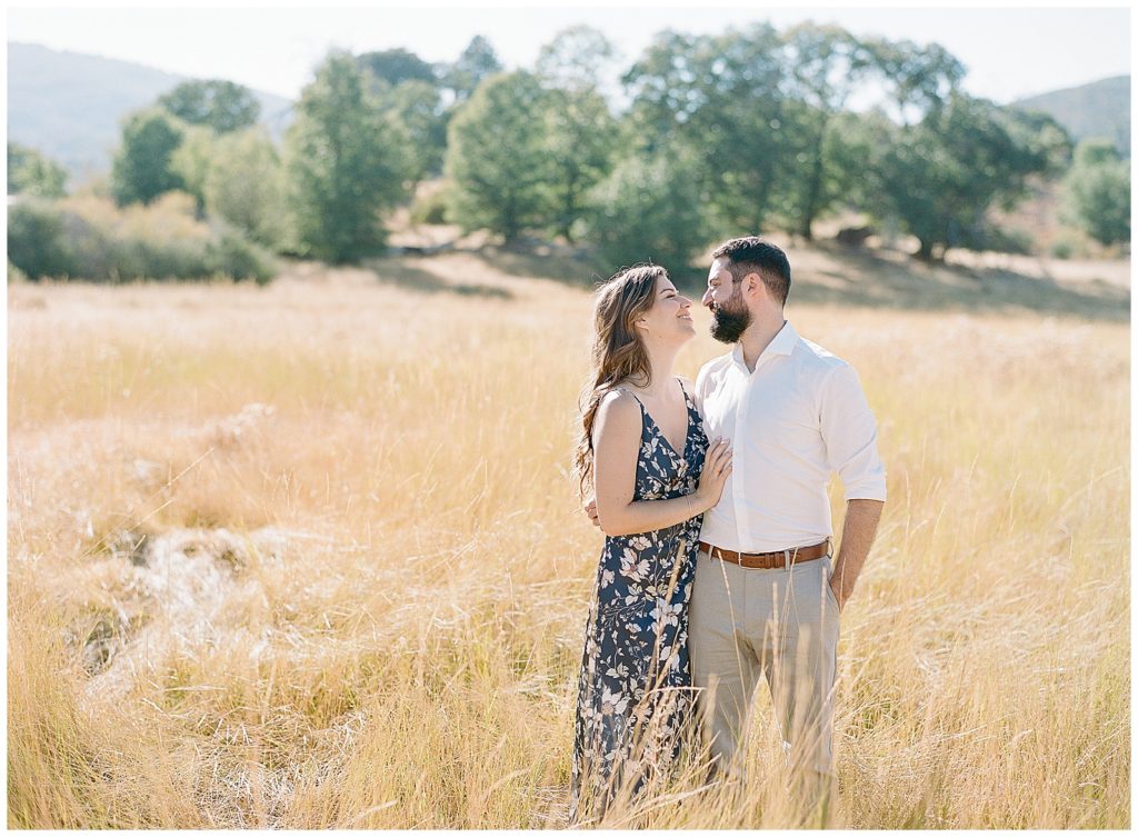 engagement photos with navy floral dress