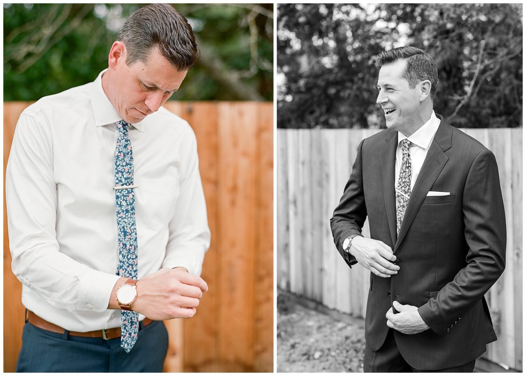 Groom wearing blue floral tie for wedding in Pleasant Hill