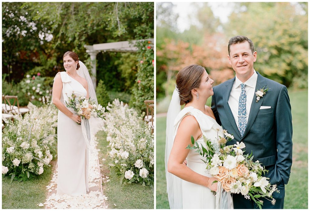 bride wearing BHLDN gown with bow on shoulder