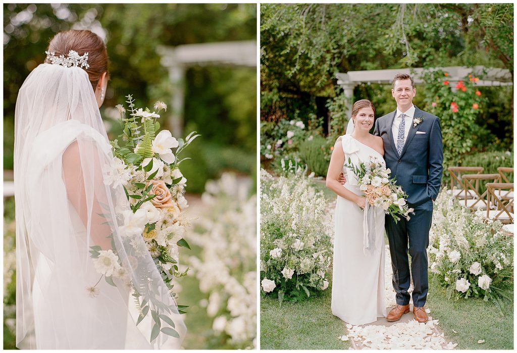 bride wearing BHLDN gown with bow on shoulder