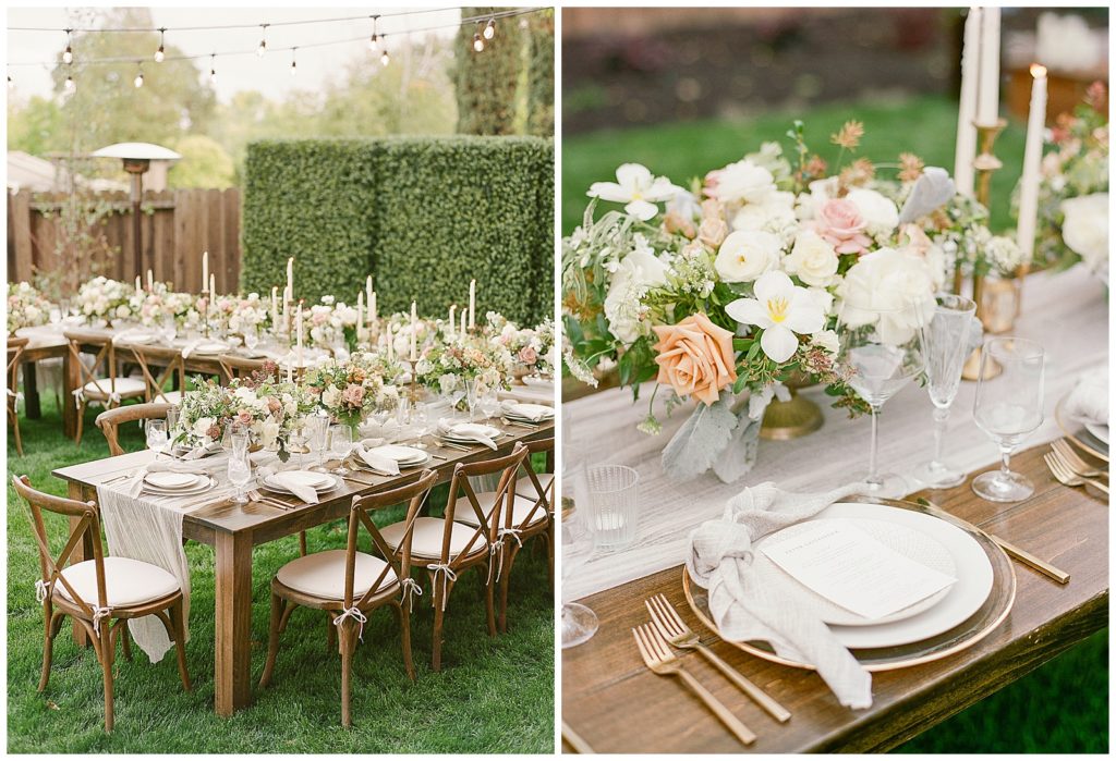 Farm table wedding reception with neutral florals and wooden crossback chairs