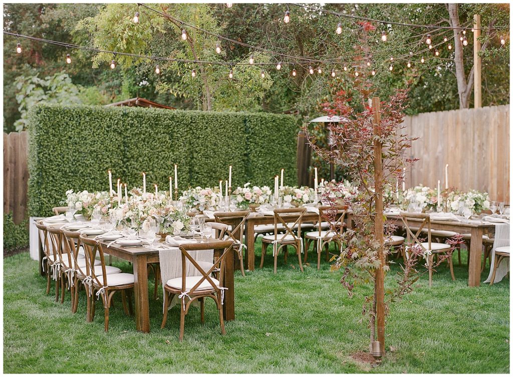 Backyard wedding in Pleasant Hill with farm tables and crossback chairs Pleasanton Rentals and Sarah's Garden Design
