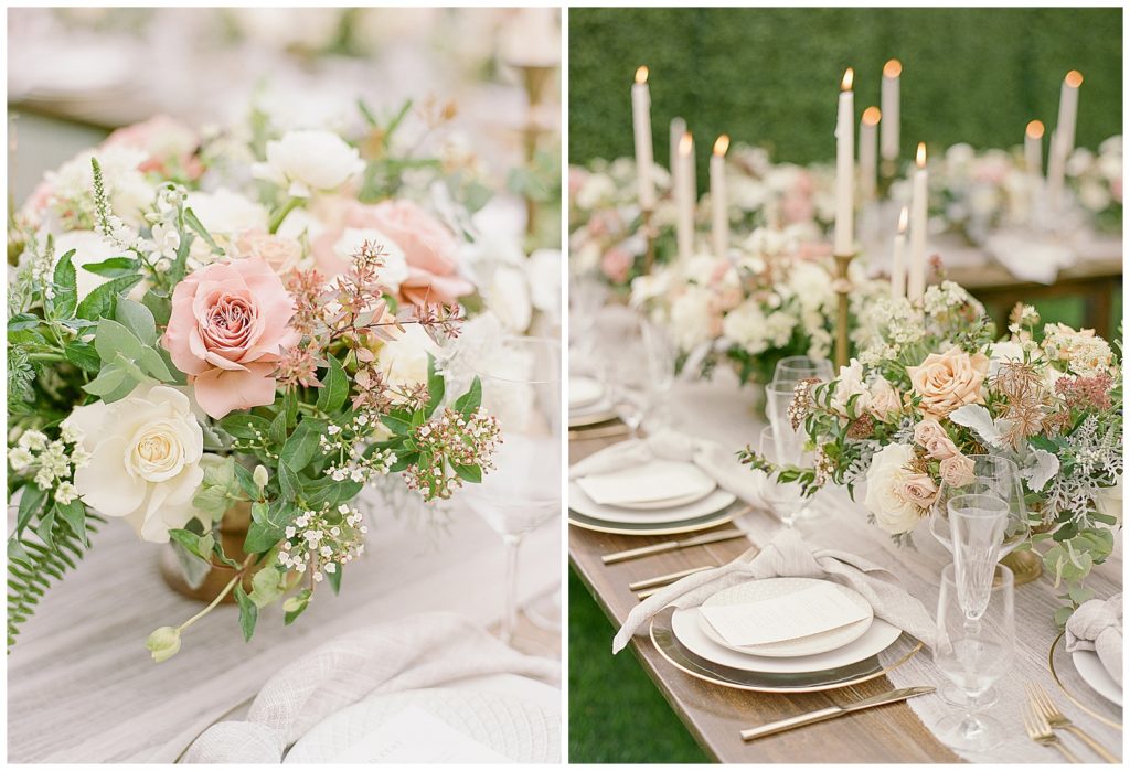 Romantic outdoor wedding reception with cream and blush florals by Sarah's Garden Design