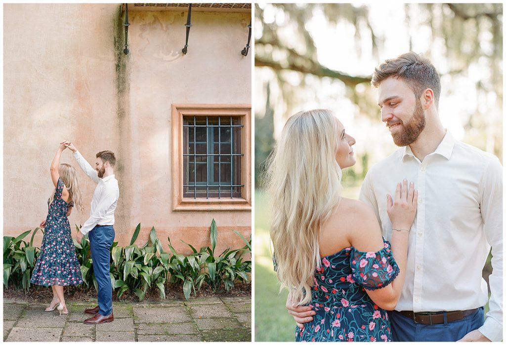 Engagement photos with navy floral dress