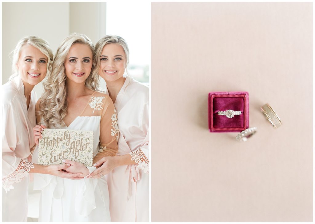 Kate with her bridesmaids and custom happily ever after purse