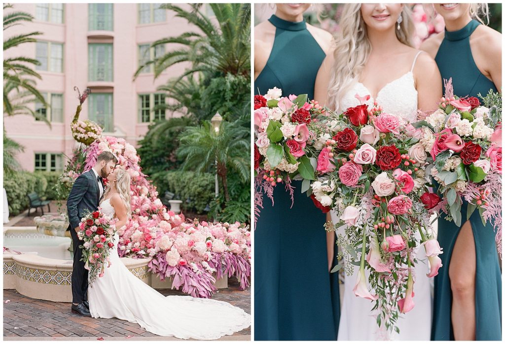 Pink and red floral wedding with floral peacock at the Vinoy