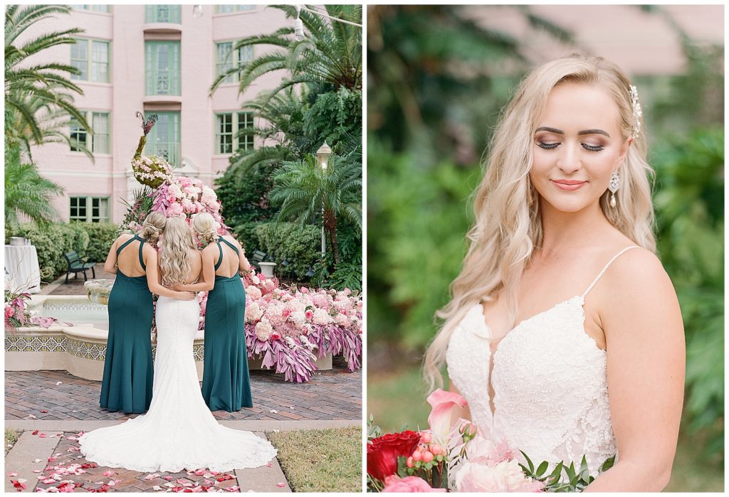 bridesmaids in emerald green dresses from BHLDN