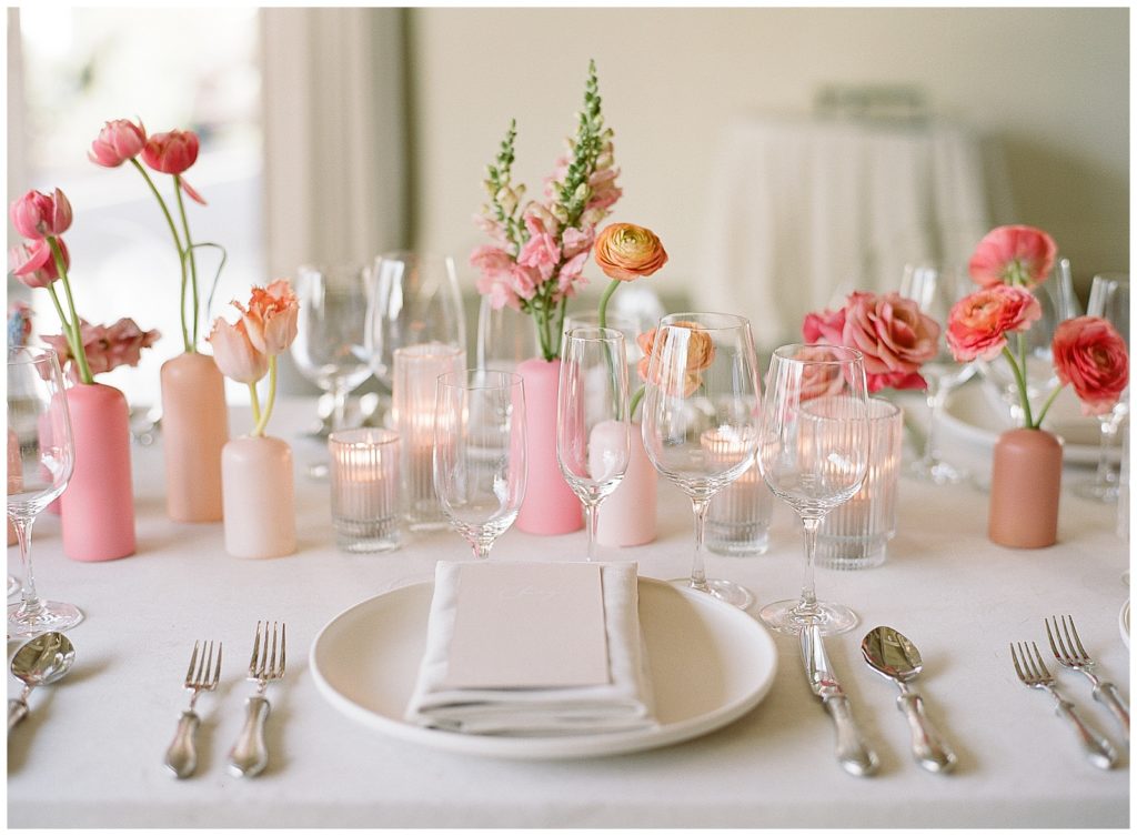 pink and neutral wedding reception detail photos