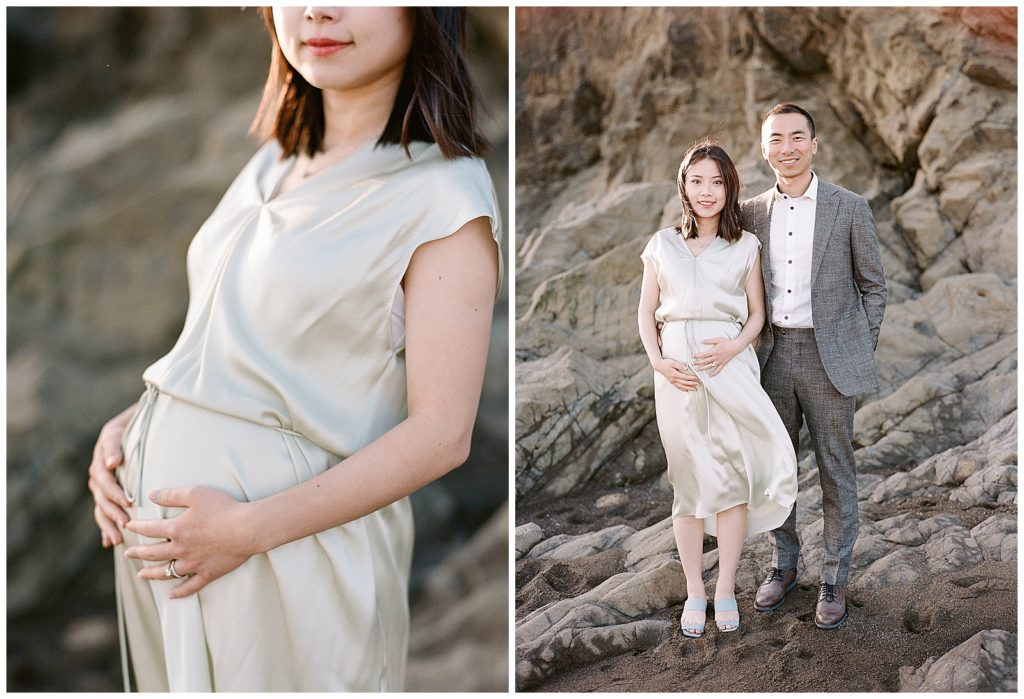 Rodeo beach maternity photos with pale green dress