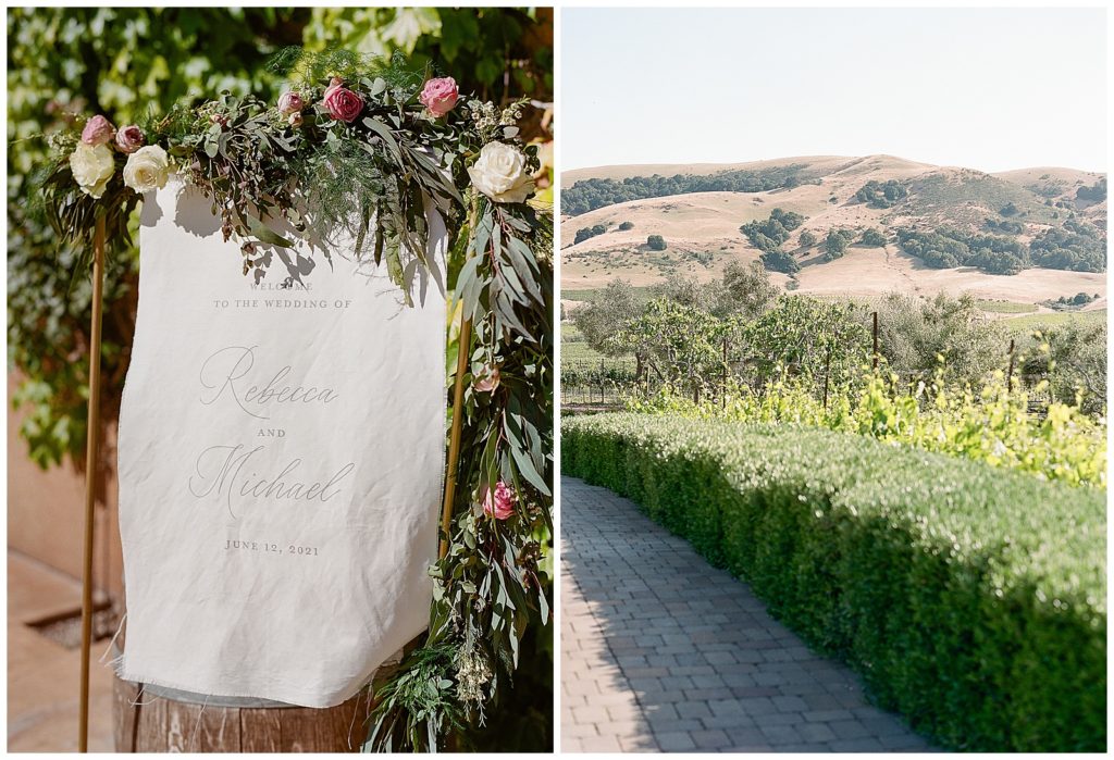 Welcome sign made from fabric for Viansa Sonoma wedding