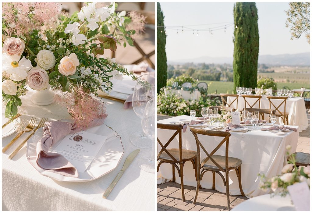 Wedding reception on terrace at Viansa Sonoma with JMK Events and Hawthorn Flower Studio
