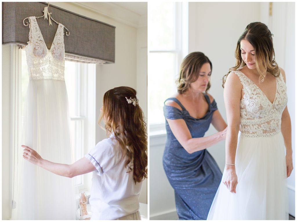bride putting on Maggie Sottera gown