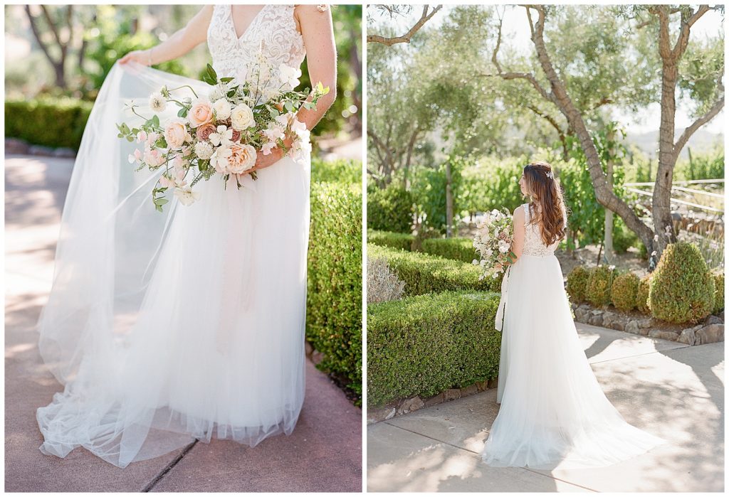 Bride with Flower Girl Em wedding bouquet and tulle dress at Viansa SOnoma